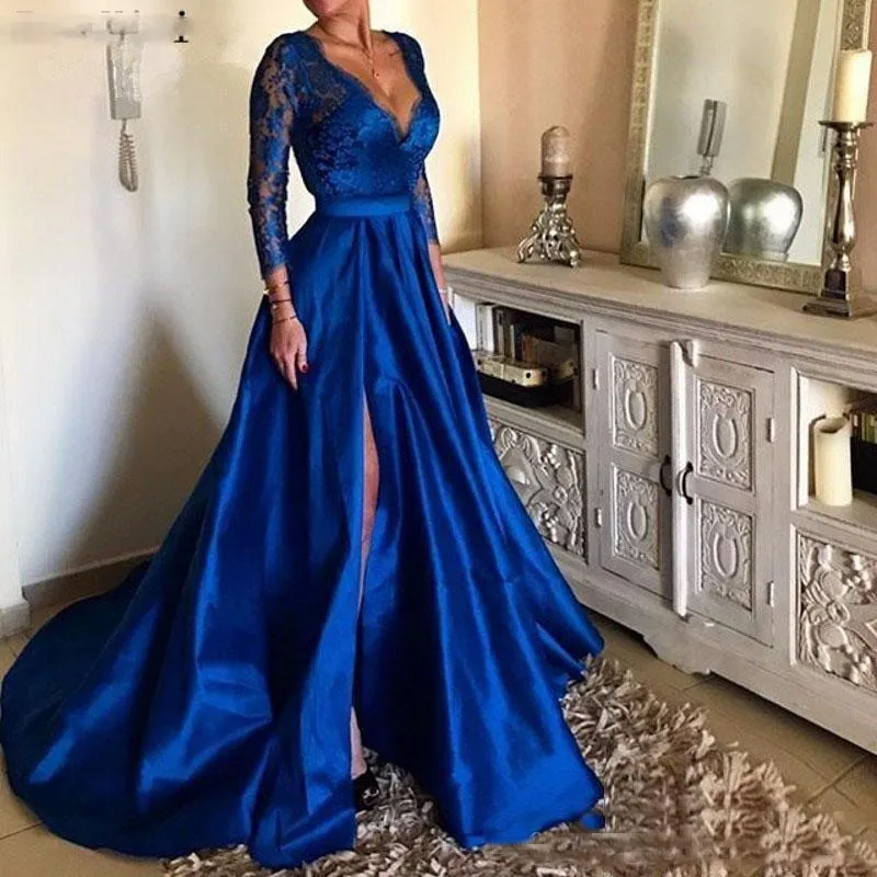 

2019 Royal Blue Plus Size Prom Dresses V Neck Lace Appliques Long Sleeve Front Split Formal Evening Dresses Party Gowns