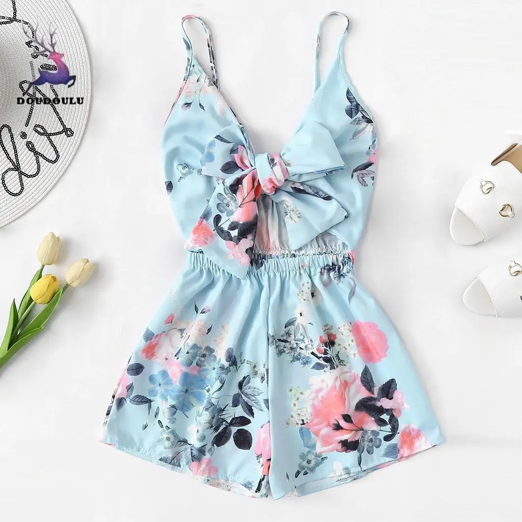 

2019 Fashion Women's V-Neck Casual Sleeveless Tie Front Floral Print Cami Romper women jumpsuit with Flowers elegant #EW