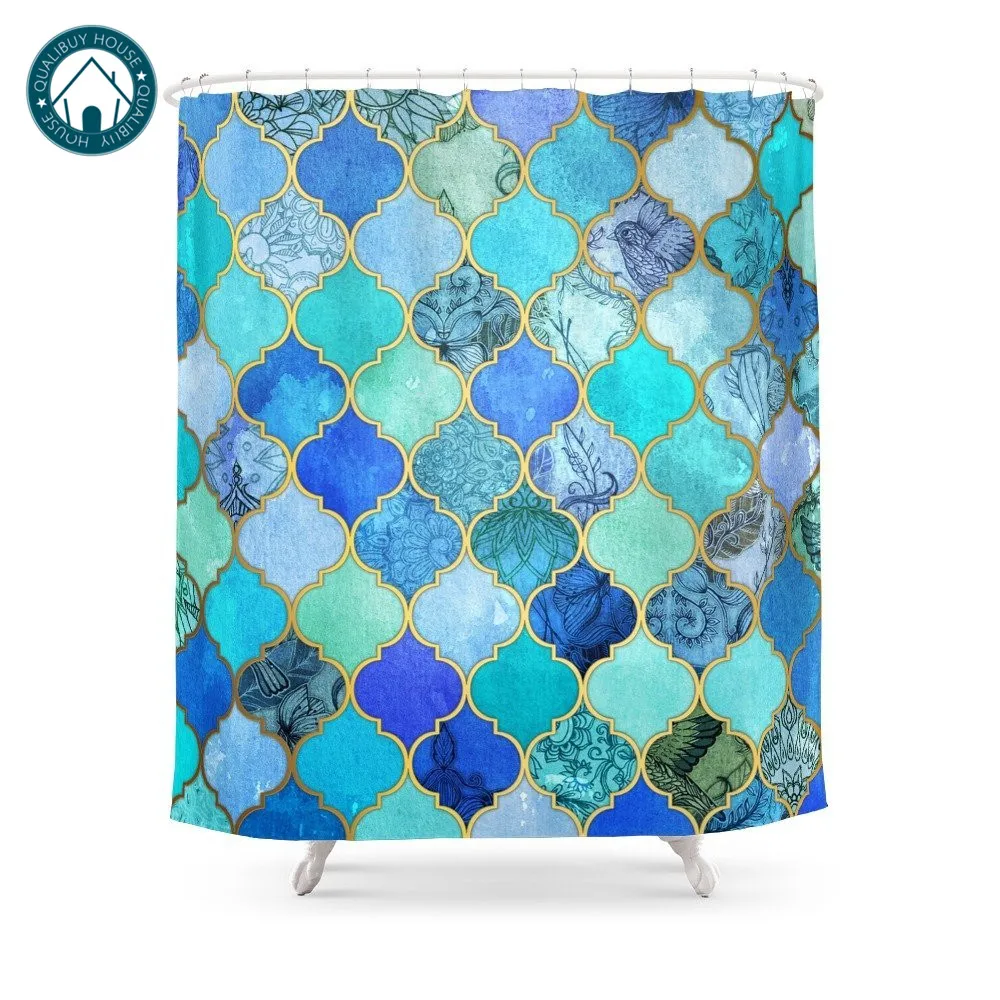 Cobalt Blue, Aqua & Gold Decorative Moroccan Tile Pattern Shower