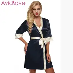 Avidlove Для женщин Silk Satin Robe Кружева Сращивание ночное мини со шнуровкой халаты femme халат