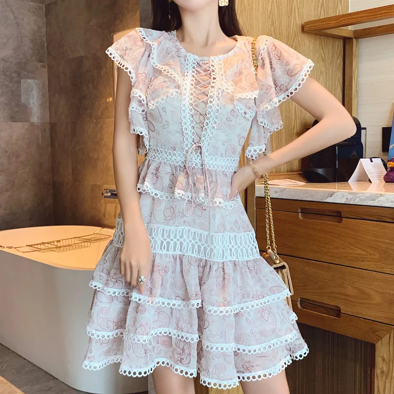 

CWBshowGG Summer Dress Chiffon Printed Lace Patchwork Hollow Out Ruffled Vintage Holiday Floral Multi-Layer Cake Short Dress