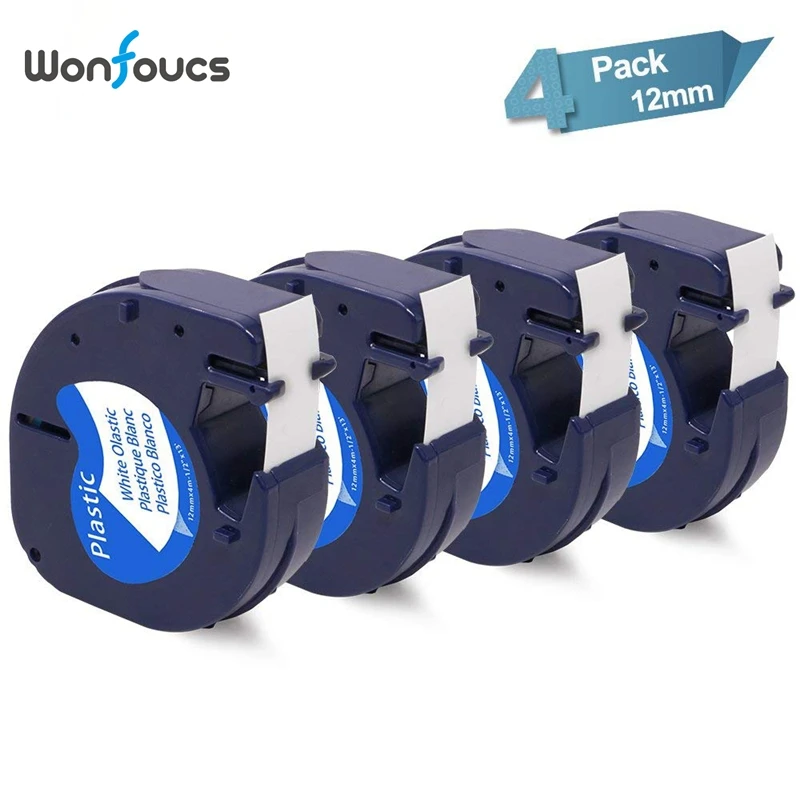 

Wonfoucs 4pcs LetraTag Refills 12mm x 4m Plastic Label Tape Black on White Compatible DYMO 91331 91201 91221 Printer Ribbons