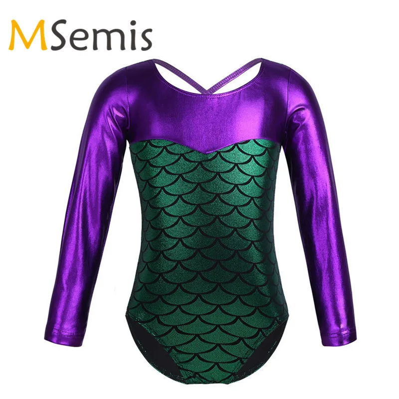 

Kids Girls Ballet Leotard Gymnastic Swimsuit Child Long Sleeves Glittery Scales Printed Splice Dance Gymnastics Leotard Jumpsuit