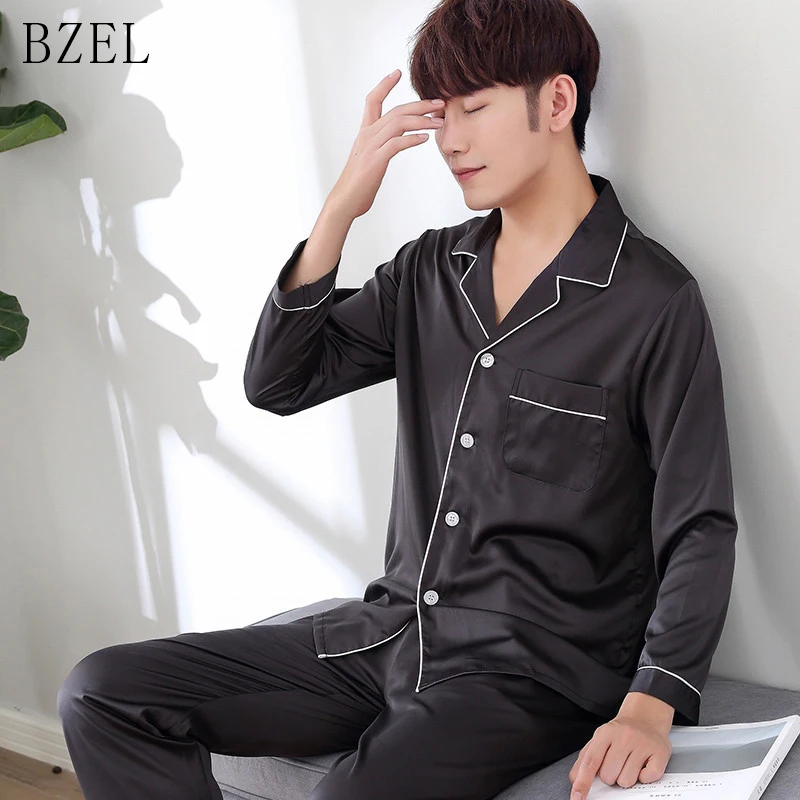 

BEZL Pajama Set Men's Clothing Silk Satin Sleepwear Suit Turn-down Collar Casual Homewear Underwear Big Yard L-3XL Two Piece Set