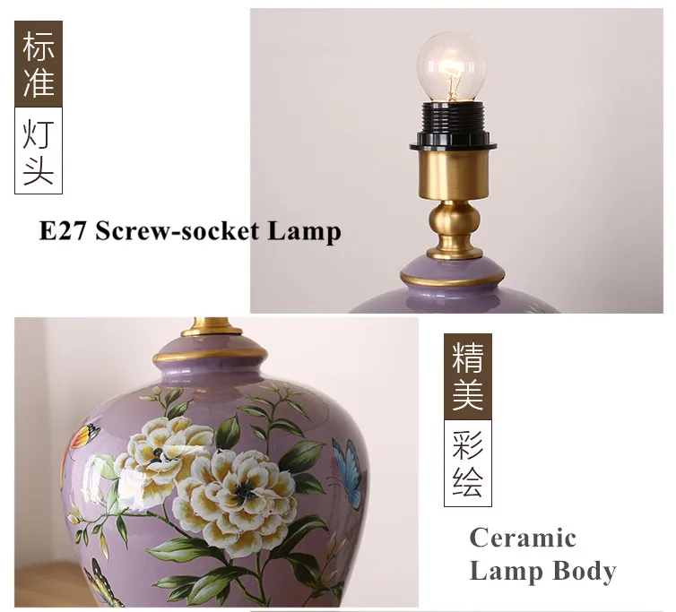 Элегантный в китайском стиле фиолетовые керамические Средний настольная лампа для создания модного маникюра ткань абажур медное
