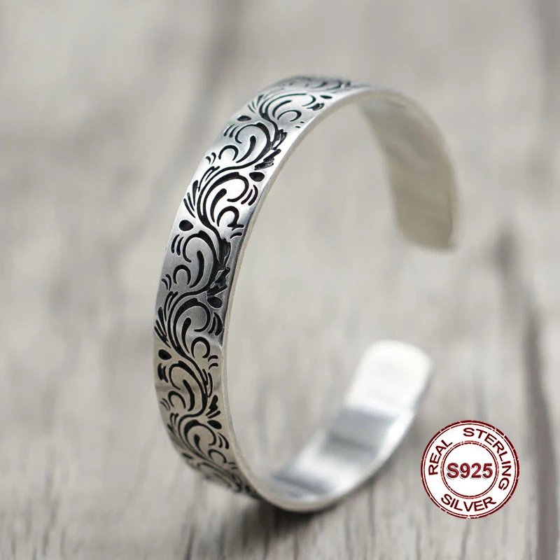

S925 Sterling Silver Bangles Simple and generous retro Personality couple style Unique to build carved flower modeling Send