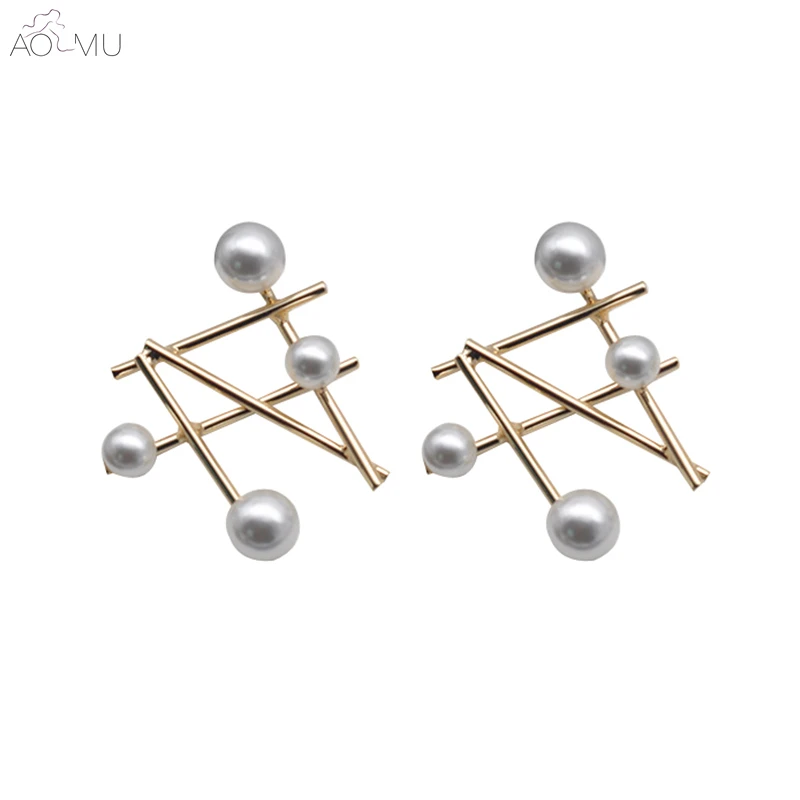 

AOMU New S925 Sterling Silver Pin Geometric Irregular Gold Metal Line Confused Geometric Hollow Pearl Stud Earrings for Women