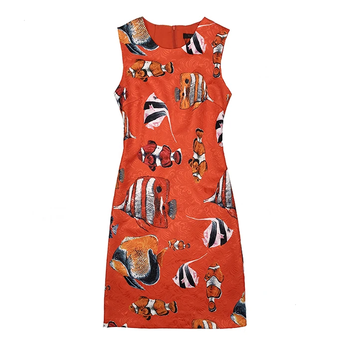 Truevoker дизайнерское платье женское высокого качества рыбий оранжевый принт жаккардовое платье на бретелях размера плюс 2XL Vestido
