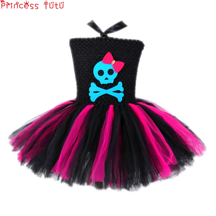 

Halloween Ghost Skull Pattern Girl Tutu Dress Black And Rose Red Devil Autumn Baby Girl Birthday Dress New Year Novelty Dress Up