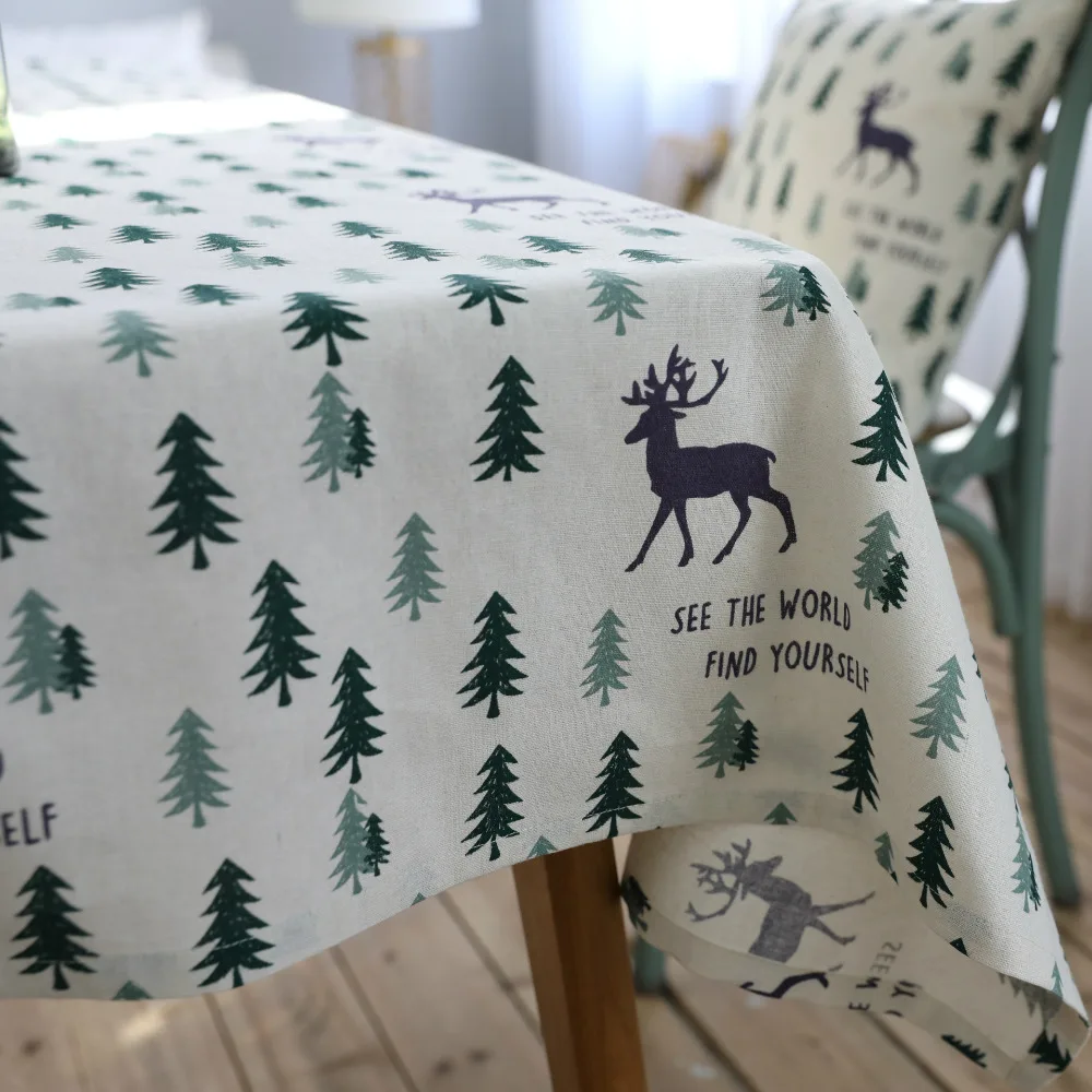 Linen Cotton Tablecloth Fresh Green Tree Fawn Washable Coffee Dinner