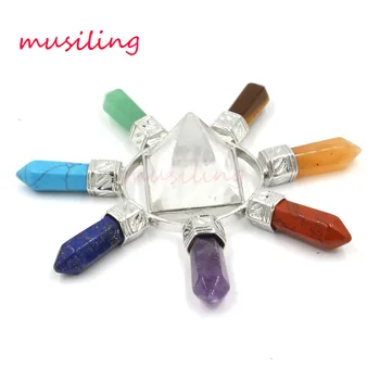 

Natural Gem Stone 7 Chakra Hexagon Prism Magic Wand Energy Tower Pendant Reiki Pendulum Charms Healing Amulet Jewelry 1Pcs