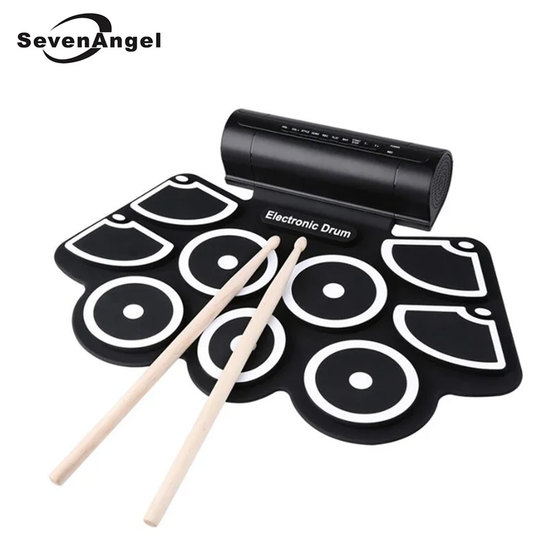 

Portable Roll up Electronic Drum Practice Instrument 9 Beat Built-in Speaker Pad Kits with 2 Foot Pedals and Drum Sticks