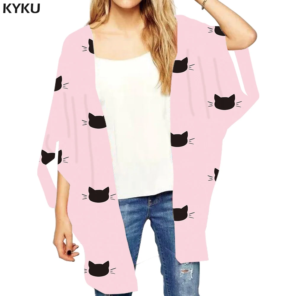 

KYKU Brand Cat Loose Kimono Women Animal Print Cardigans Pink Shirts Graffiti Open Stitch Blouse Ink 3d Blouse Womens Clothing