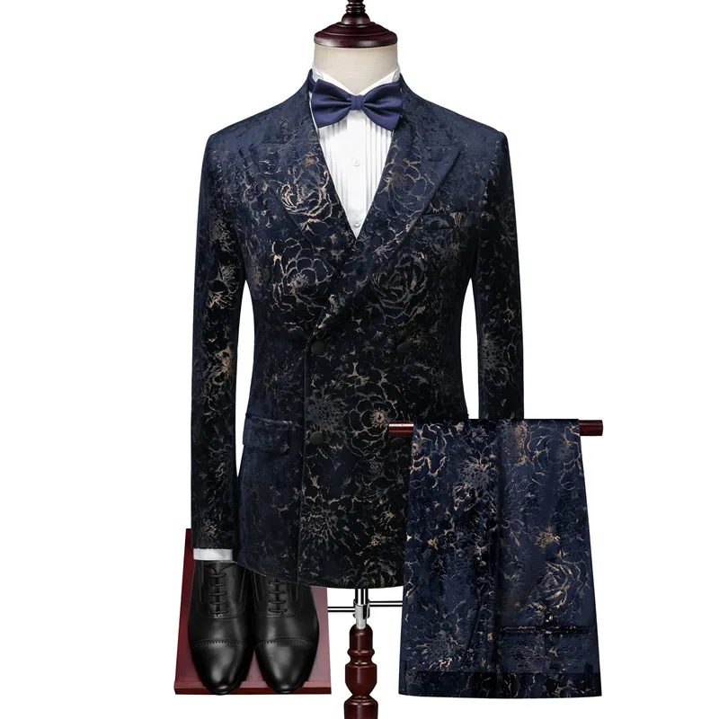 

Men's Dinner Dress Gentleman Double Breasted Suit Set / Printed Craft Velvet Suit Set 3pcs (blazer+ vest + pants) suits