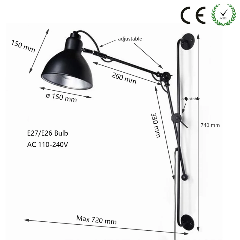 Современный черный промышленный ось кронштейна регулируемый длинный поворотный кронштейн настенный светильник led светильник 220v для дома Ванная комната, Спальня, кабинет, Кухня