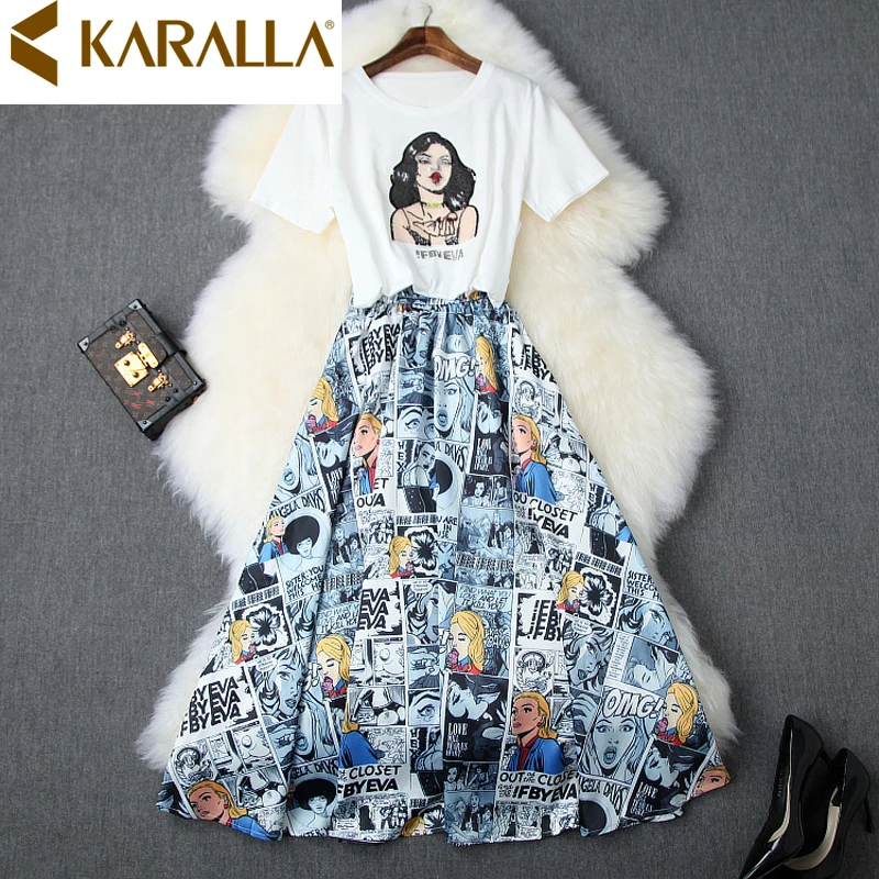 

Sequined Loose-fitting T-shirt + Comic Print Skirt 2019 Summer New Arrival Women's Casual Wear Female Two-piece Sets C1632
