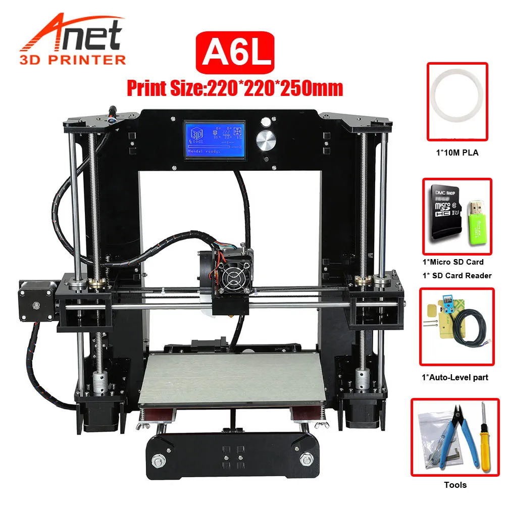 Anet Auto A6 A8 3d принтер с высокой скоростью печати Reprap Prusa i3 высокоточные игрушки DIY 3d Принтер Комплект с нитью алюминия Горячая кровать - Цвет: A6L 3D Printer