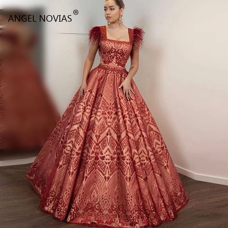 

Long Arabic Glitters Red Lace Evening Dress 2019 with Feather kaftan Dubai Formal Evening Gowns Vestido Formatura Longo