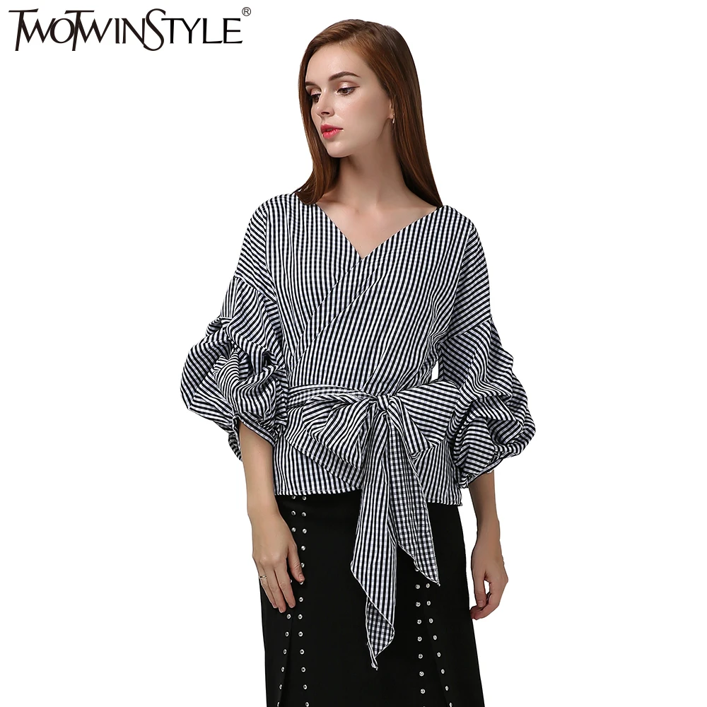 

TWOTWINSTYLE Tunic Plaid Tops Female V Neck Puff Sleeve Bowknot Bandage Women's Shirt Blouse Casual Korean Clothes 2019 Fashion