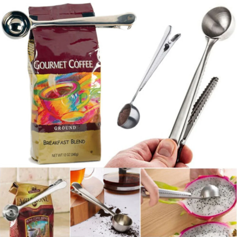 

New Arrival 1pc Multifunction Stainless Kitchen Ground Coffee Measuring Scoop Spoon With Bag Sealing Clip Stunning Tools