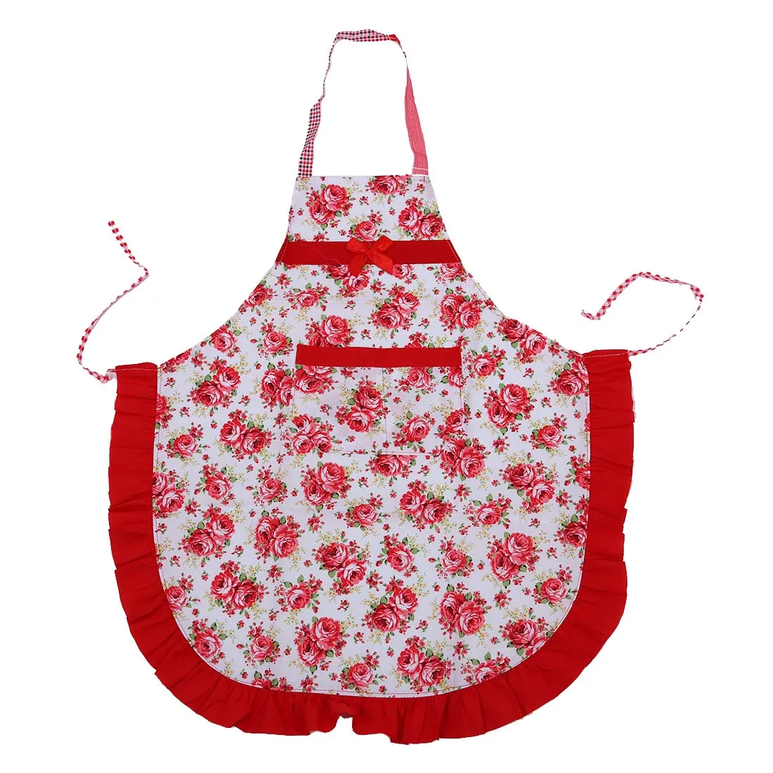Women Apron with Ruffle Pocket Floral Roses for Cooking Kitchen Chef