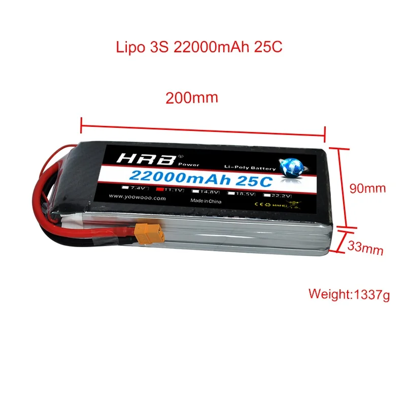 HRB RC Lipo 2S 3S 4S батарея 7,4 V 11,1 V 14,8 V 22000mAh 25C MAX 50C Высокая емкость Т-образная заглушка для радиоуправляемого вертолета самолета - Цвет: 3S 11.1V 22000MAH