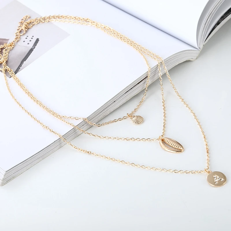 Jual Multi Layer Shell Kerang Huruf Liontin Kalung untuk Wanita Pantai Perhiasan BoHo Warna Emas Alloy Kalung Rantai Link