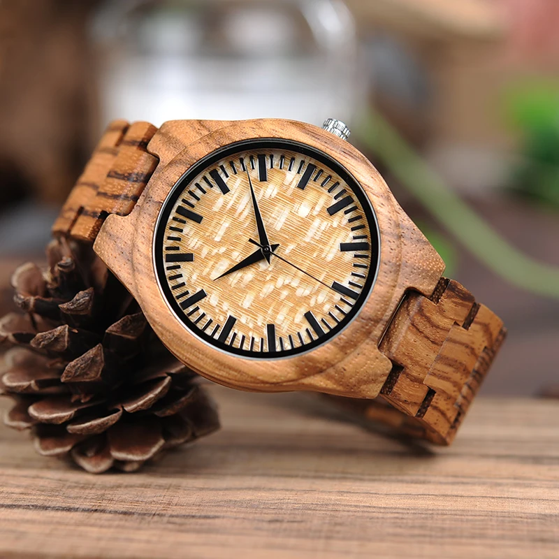 BOBO BIRD Mens Zebrawood Wooden Watches with Wood Strap Quartz Analog with Quality Miyota Movement Tri-Fold Clasp