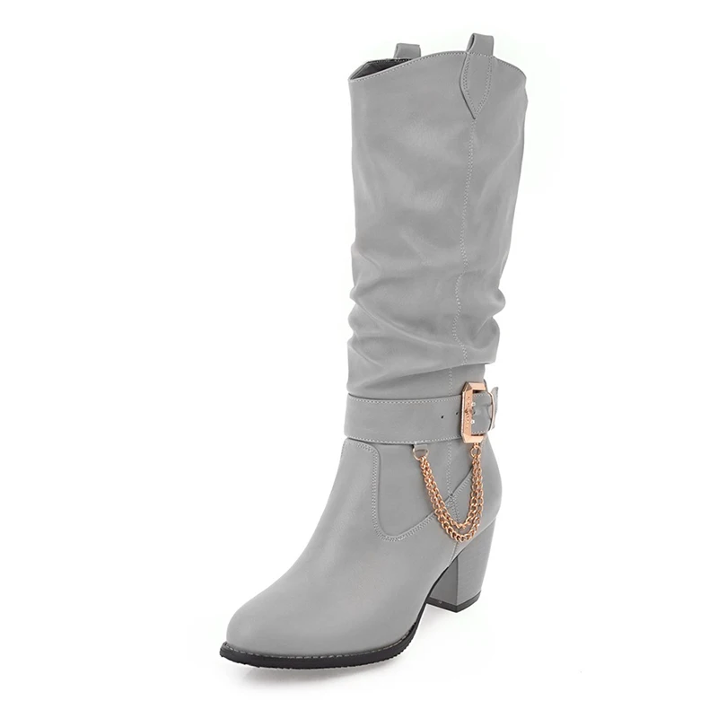 KARINLUNA/ г. Большие размеры 33-47, женская обувь по индивидуальному заказу Модные женские ботинки на высоком каблуке черные ковбойские сапоги зимние сапоги с цепочкой - Цвет: Серый