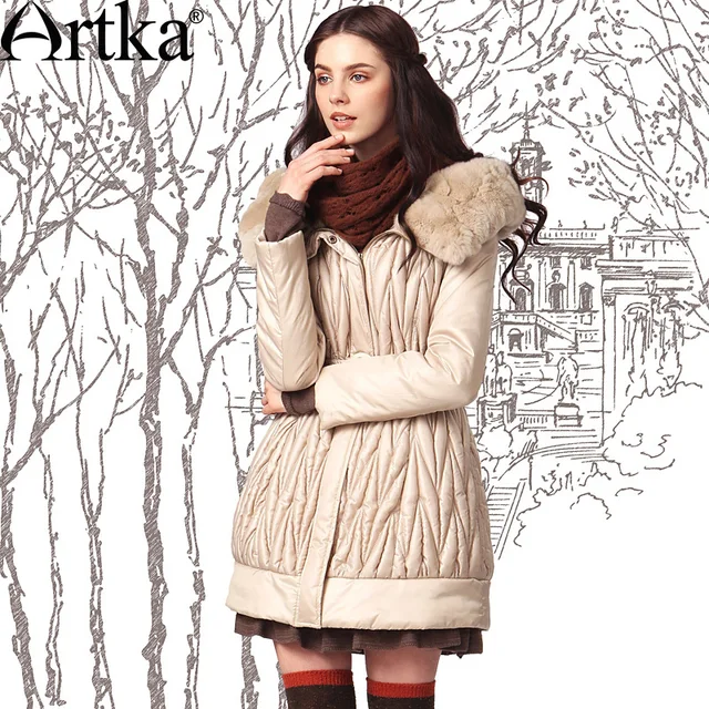 Cheap Artka Women'S Autumn Winter Vintage Hooded Collar Long Sleeve Show Thin Thick Midi Pattern Removable Belt Coat MA10347D