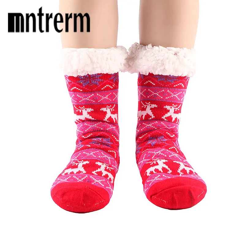 Mntrerm/женские домашние носки с нейлоновой подкладкой; двухслойные домашние носки с оленем; брендовые теплые зимние мягкие носки-тапочки на Рождество - Цвет: Красный