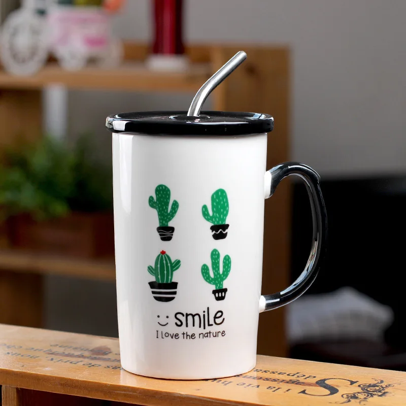

450ml Creative Cactus Ceramic Cup Handle Straw Cup Office Coffee Mug Milk Breakfast Cup Cola Cold Drink mug Single layer