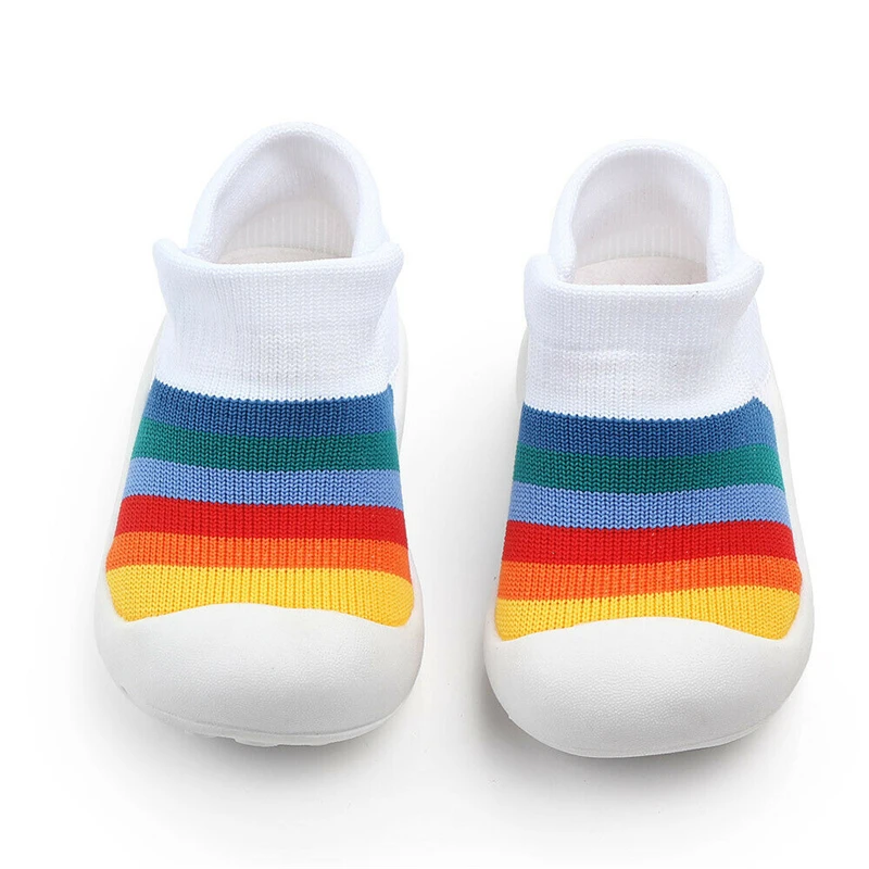 Lovely Baby Girl Boy Casual Cotton First Walkers Shoes Rainbow Color Striped Anti Slip Newborn Baby Boy Crib Shoes - Цвет: Белый