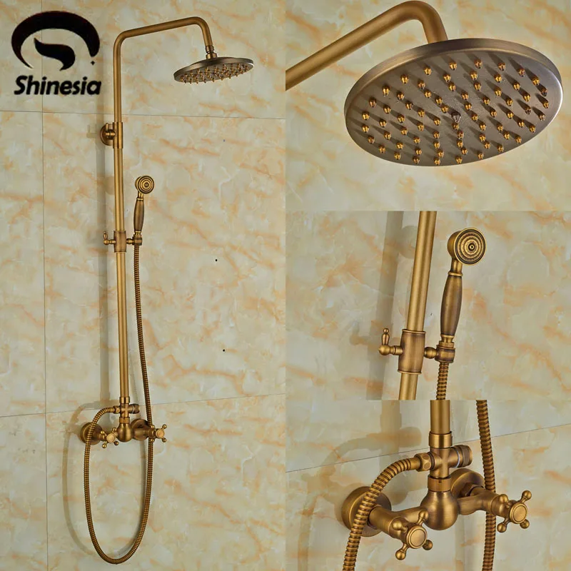 Newly Antique Brass Bathroom Shower Set Faucet 8 Inch Rain Round Shower Head W/ Handheld Shower Wall Mount Double Handle Newly Antique Brass Bathroom Shower Set Faucet 8 Inch Rain Round Shower Head W/ Handheld Shower Wall Mount Double Handle