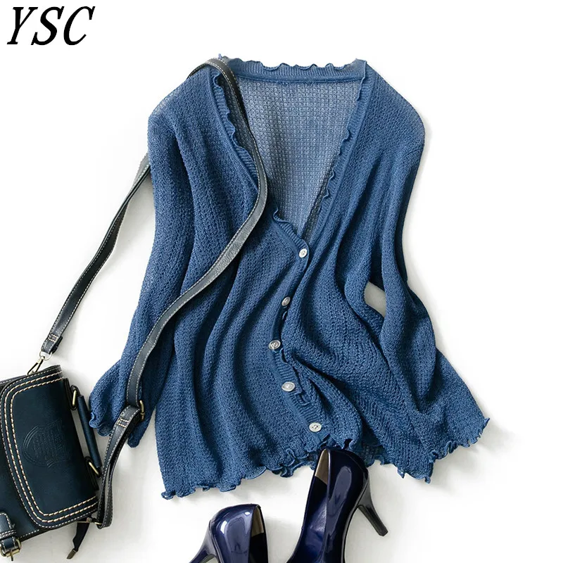 

YSC 2019 Summer New Design Linen cardigan V-Collar Pleasantly cool Knitted Shirt Loog paragraph Sunscreen Double lace style