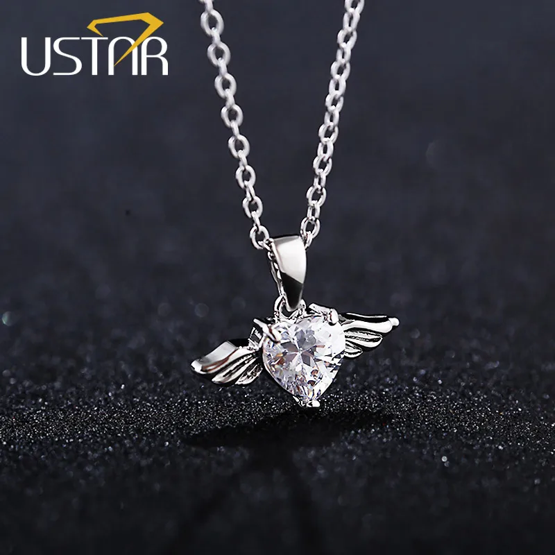 

USTAR Angel wings Pendant Necklaces for women AAA cubic Zirconia Heart Crystals Clavicle Necklace 2018 Collars Jewelry gift