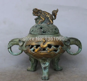 

xd 00550 9" Marked Chinese Bronze Gilt Elephant Lion beast crane Incense Burner Censer