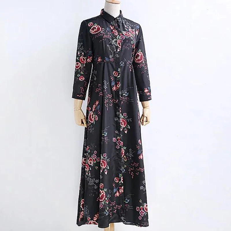2017 Женщины Весна Dress Леди Полный Рукавом отложным Воротником Цветочным Принтом
