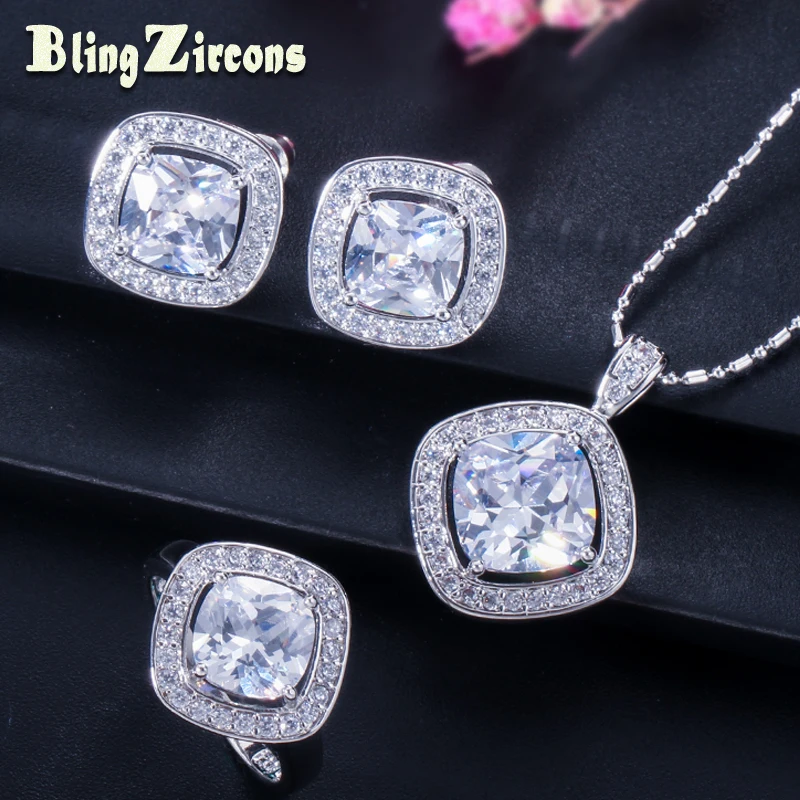 

BlingZircons Fashion Ladies Sterling Silver 925 Jewelry Set Square Cubic Zircon Crystal Women Necklace Earring Ring Sets JS031