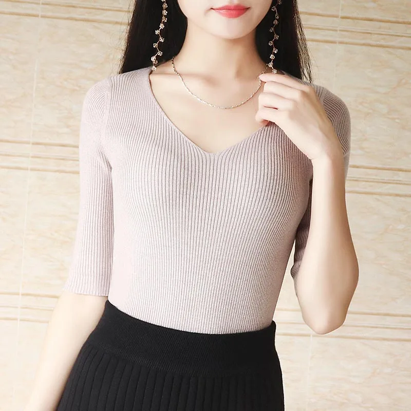 

Knitting Womens Sweaters New Korean Bottom half Sleeve Black blue beige V-collar Winter Tops Sweater Women Thin Pullover Jumper