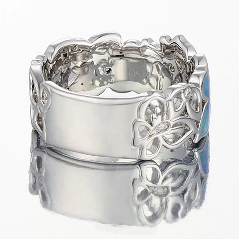 Бабочка Синий цветок Лепесток Форма ажурный Кристалл инкрустированные массивные кольца для моды вечерние женские обручальные кольца