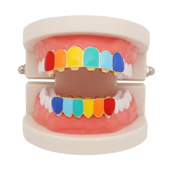 

1 Pair Hip hop Teeth Rainbow Braces Copper Hip Hop Teeth Top Bottom Tooth Grill Set Copper Tooth Cap Jewelry Colorful Teeth #40
