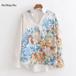 SheMujerSky Осенняя Женская белая блузка с длинным рукавом Элегантная рубашка с цветочным принтом 2019 атласные топы camicia donna