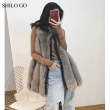 SHILO GO Fur Vest Womens Winter Fashion whole real Fox Fur long Vest O Neck front rivet leather warm concise loose vest