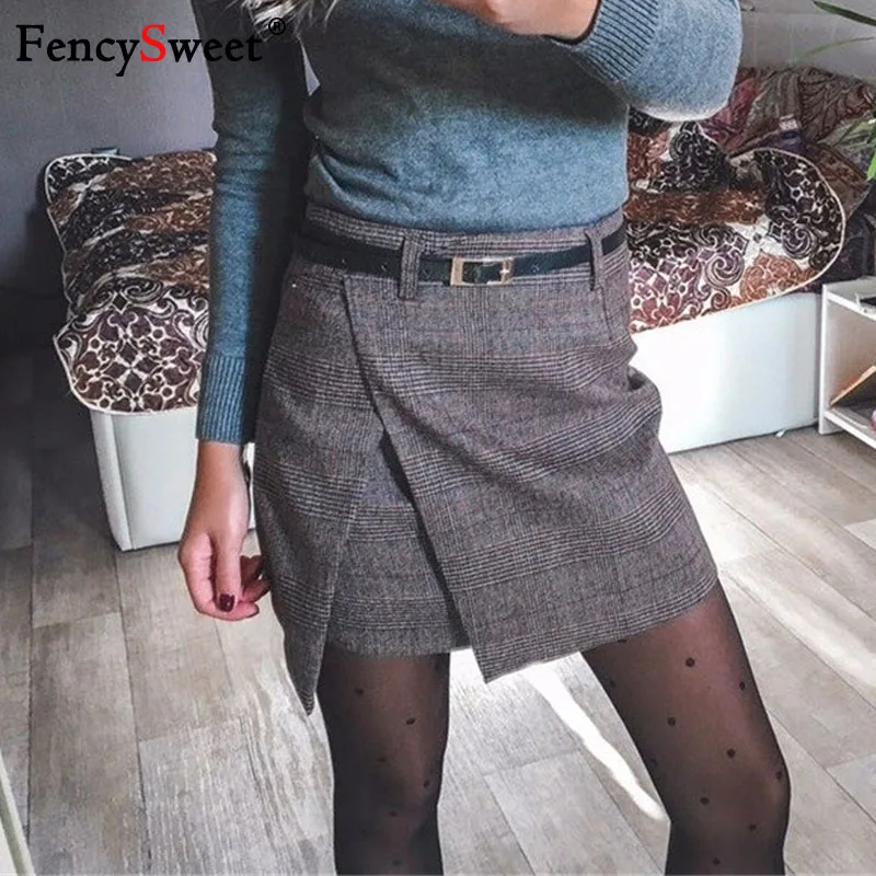 Fencysweet Винтаж Высокая Талия клетчатая юбка осень-зима Для женщин Мини-юбки