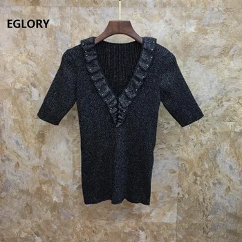 

2019 Autumn Fashion Jumpers Women V-Neck Studs Beading Ruffle Patchwork Half Sleeve Casual Knitted Sweaters Ladies Pullovers