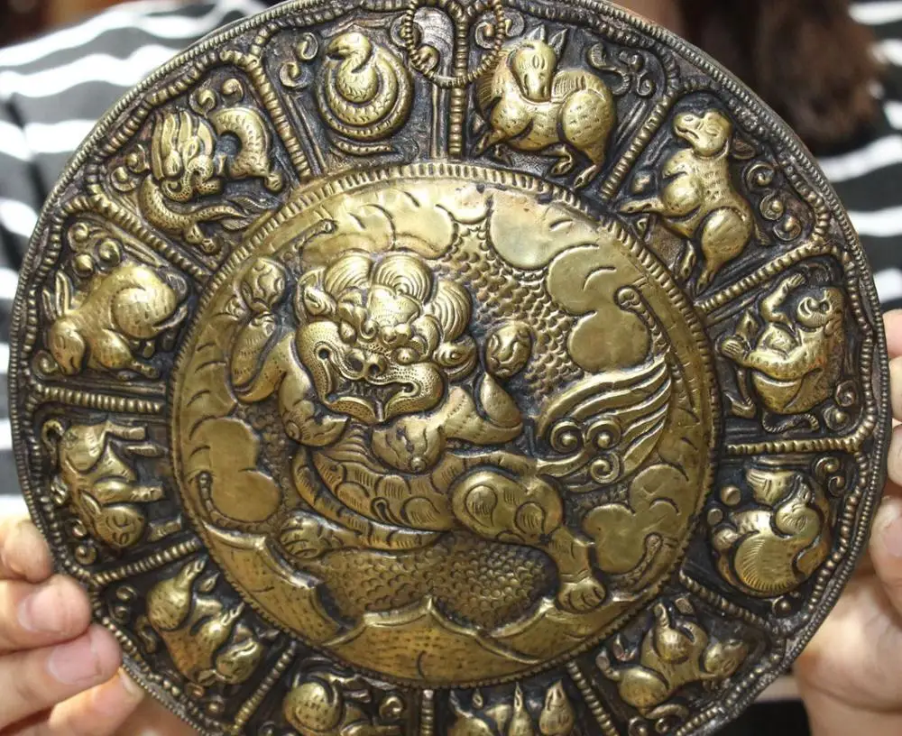 

8" Old Bronze 12 Zodiac Year Animal Lion Fu Foo Dog Beast Fokan Shrines Screen