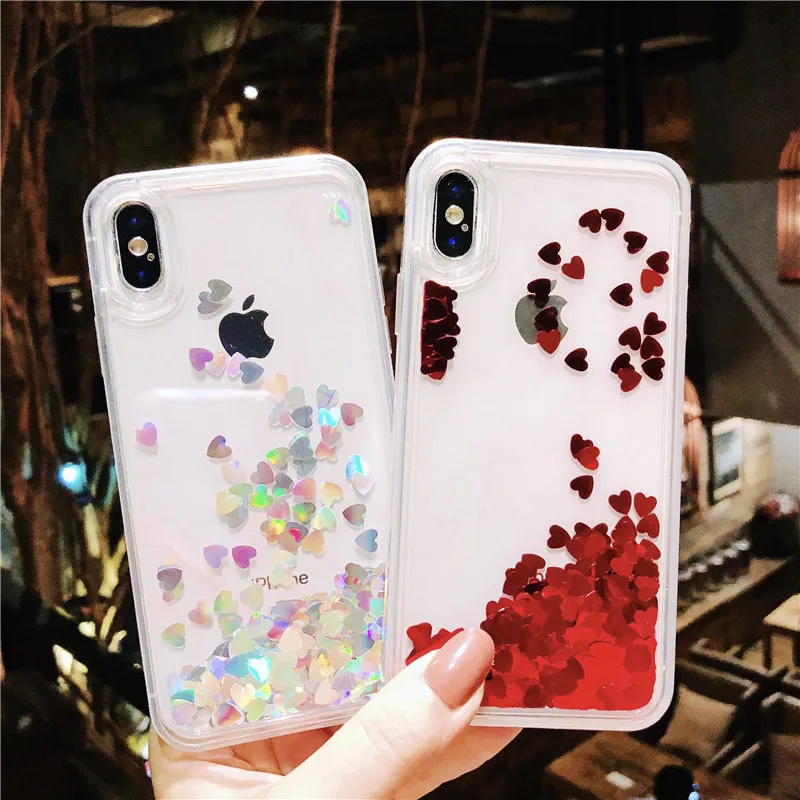 Transparent Love heart Phone Case For iPhone X 6 6S 7 8 Plus Cases Luxury Dynamic Liquid Glitter Sand Quicksand Cover Coque |