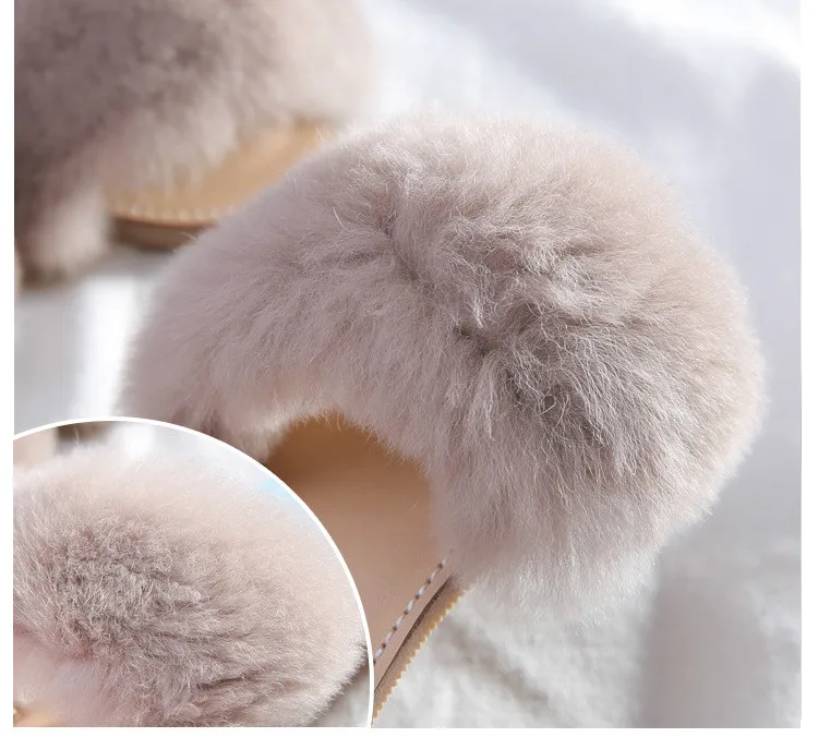 New Spring Plush Slippers Girls Slippers Real Rabbit Fur Shoes Open Toe Slippers All-match Childrens Shoes Summer Home Slippers