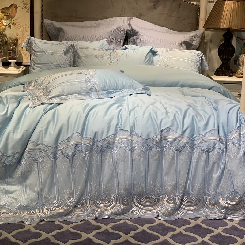 

New Blue Pink Green Red Champagne Luxury 60S Egyptian Cotton Palace Bedding Set Lace Duvet Cover Bed Linen Bed sheet Pillowcases